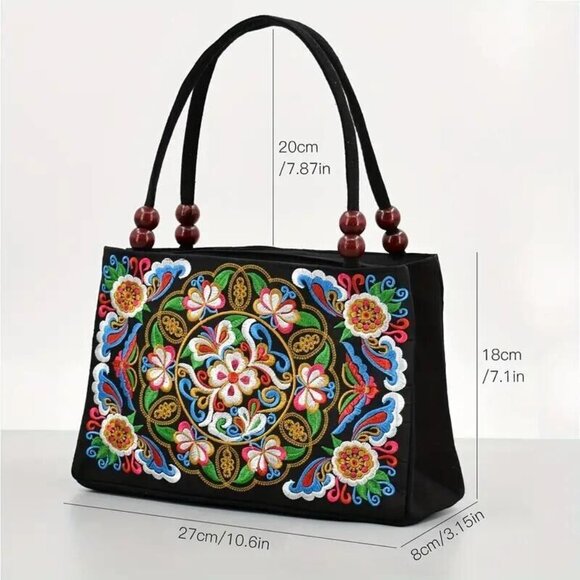 Women's Stylish Floral Embroidered Tote Handbag, Trendy Zipper Canvas Bag - Picture 3 of 6